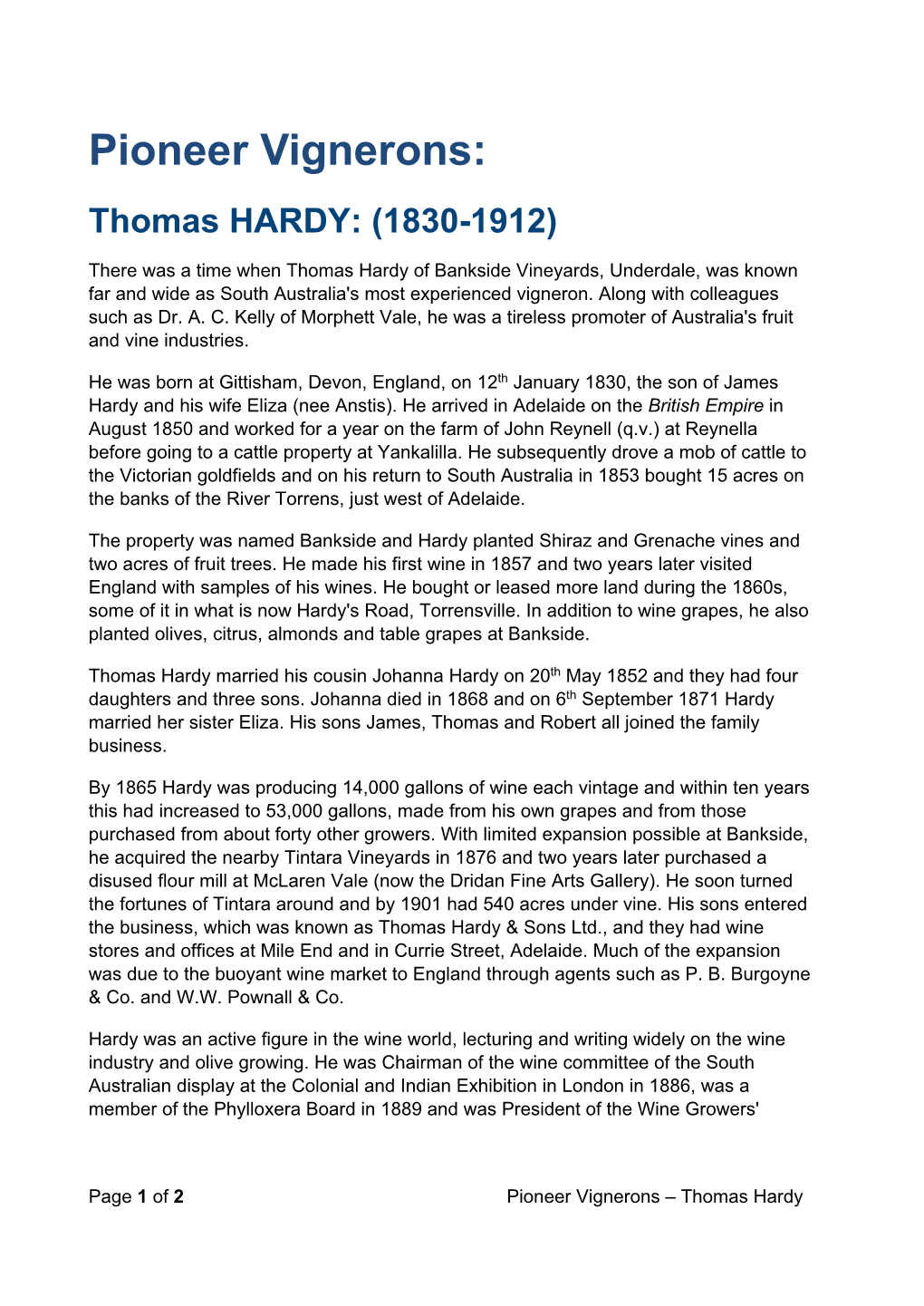 Pioneer Vignerons: Thomas HARDY: (1830-1912)