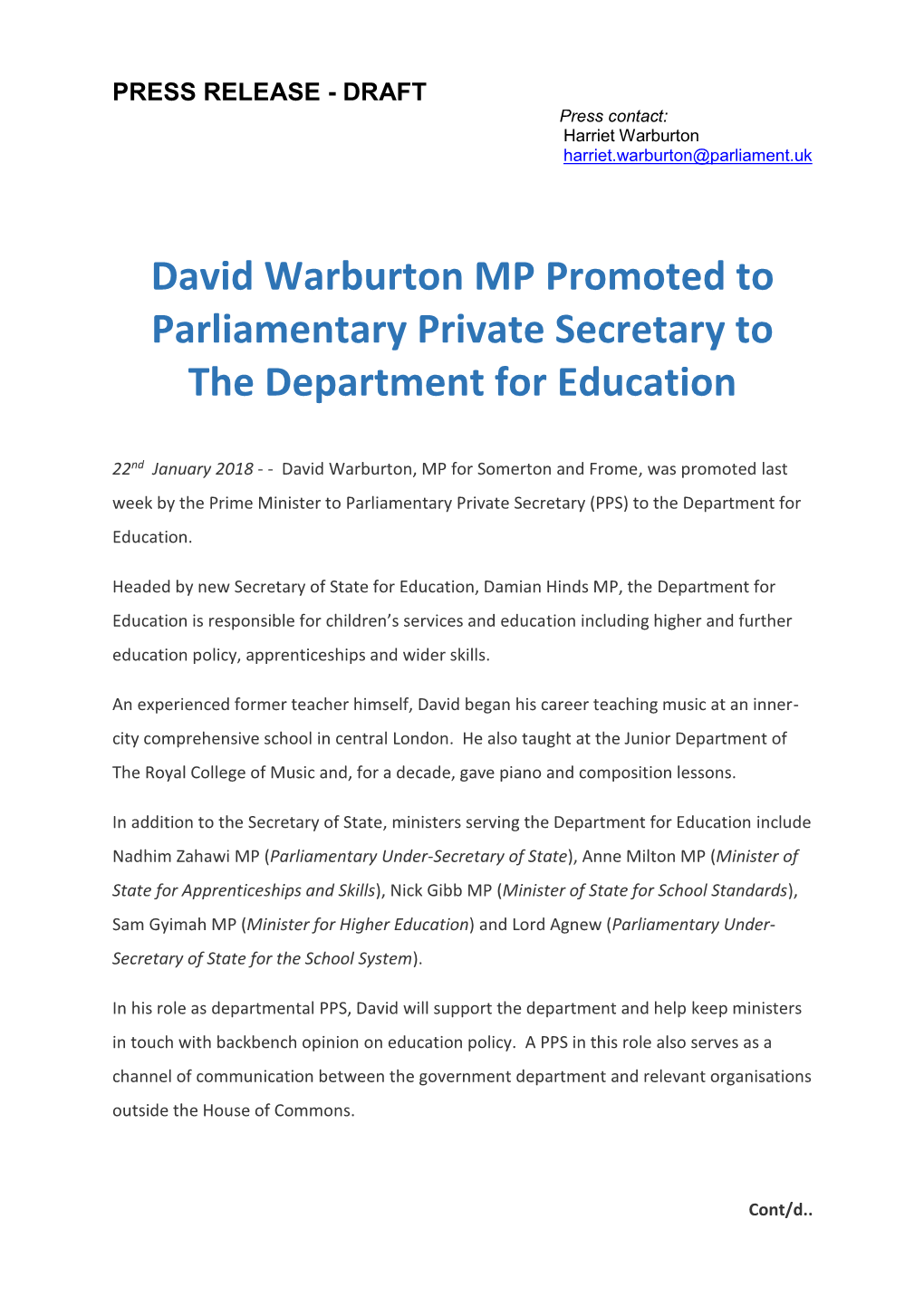 David Warburton MP Promoted to Parliamentary Private Secretary to the Department for Education