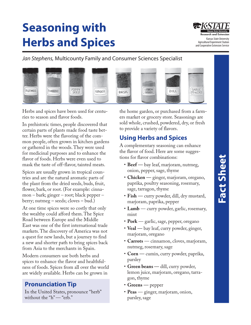 Seasoning with Herbs and Spices, Fact Sheet, Kansas State University, July 2010