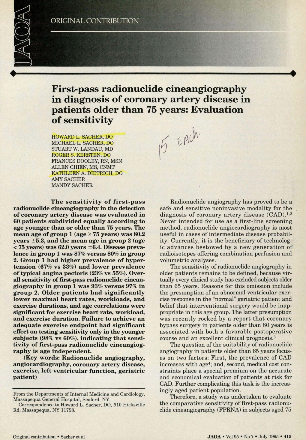 First-Pass Radionuclide Cineangiography in Diagnosis of Coronary Artery Disease in Patients Older Than 75 Years: Evaluation of Sensitivity