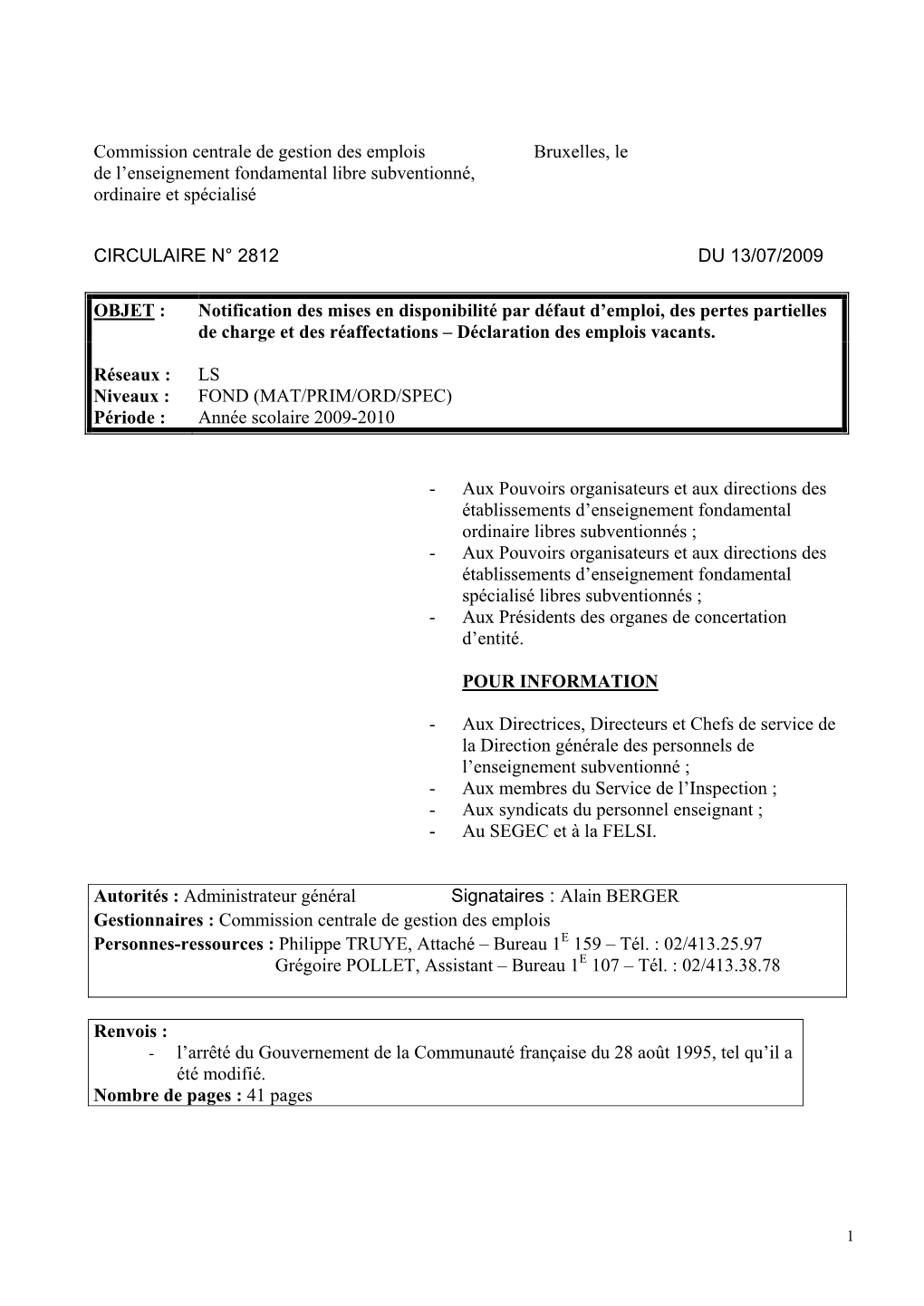 Commission Centrale De Gestion Des Emplois Bruxelles, Le De L’Enseignement Fondamental Libre Subventionné, Ordinaire Et Spécialisé