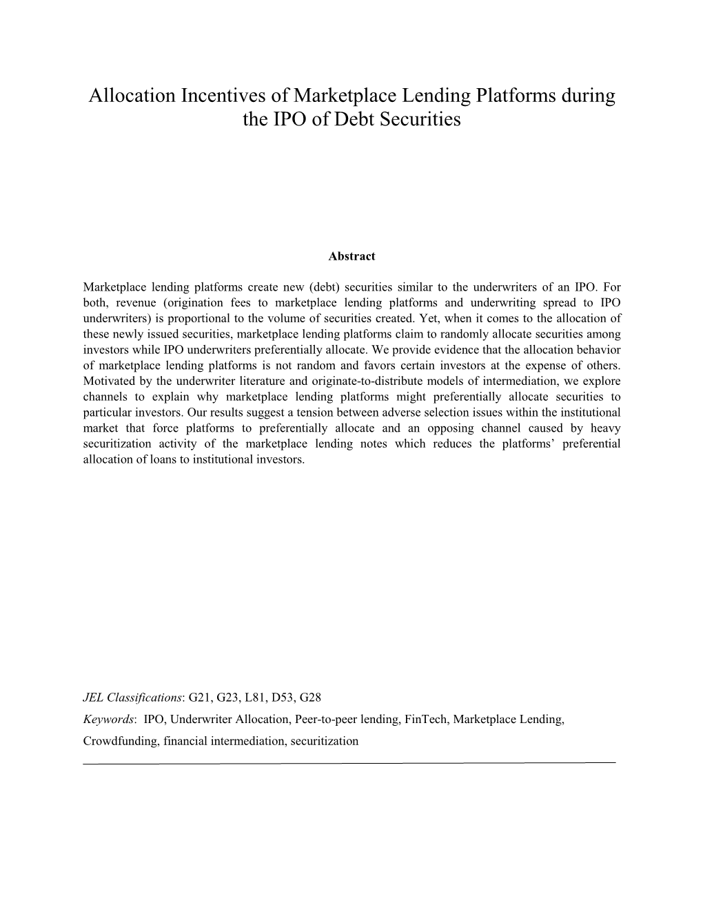 Allocation Incentives of Marketplace Lending Platforms During the IPO of Debt Securities