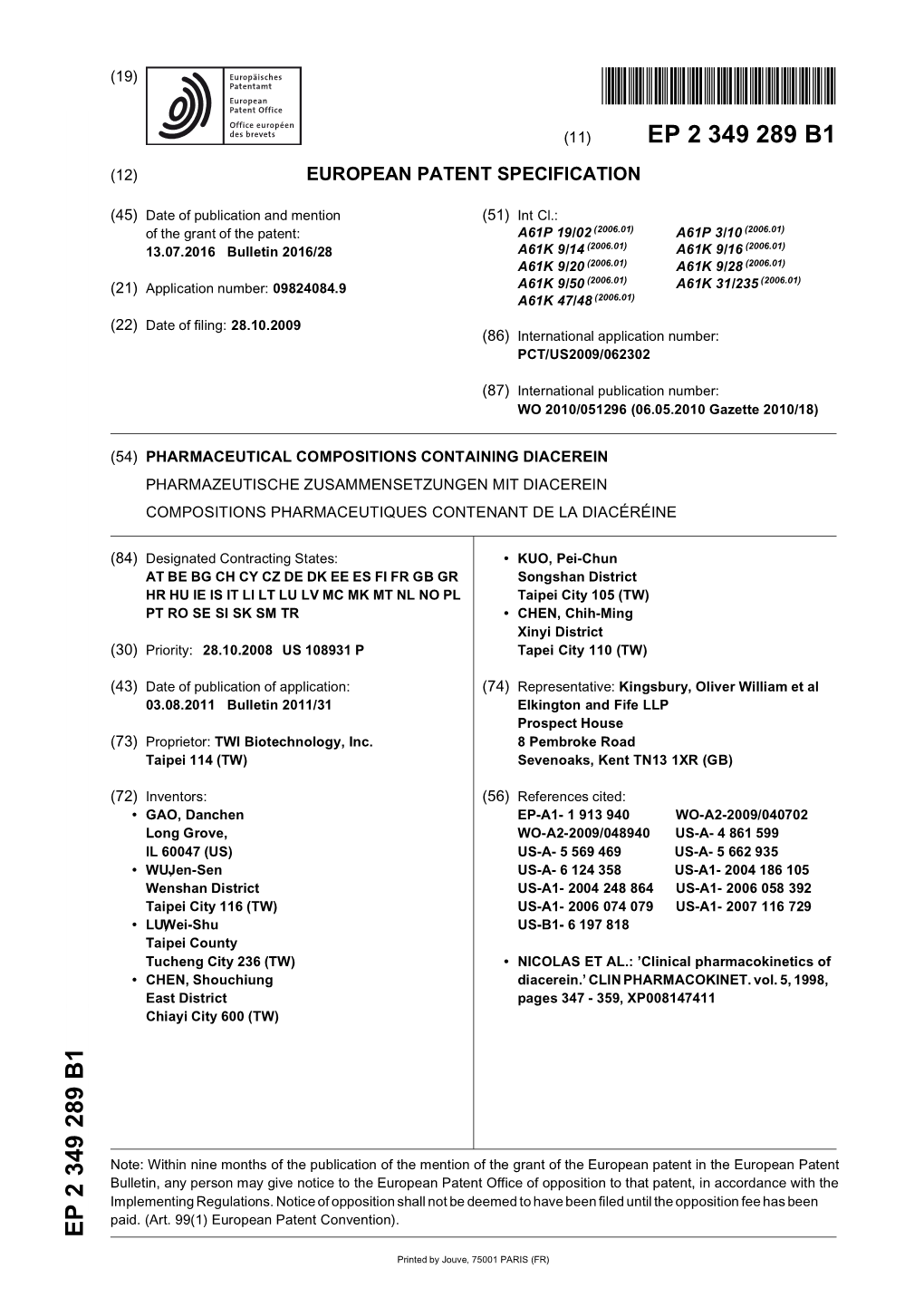 Pharmaceutical Compositions Containing Diacerein Pharmazeutische Zusammensetzungen Mit Diacerein Compositions Pharmaceutiques Contenant De La Diacéréine