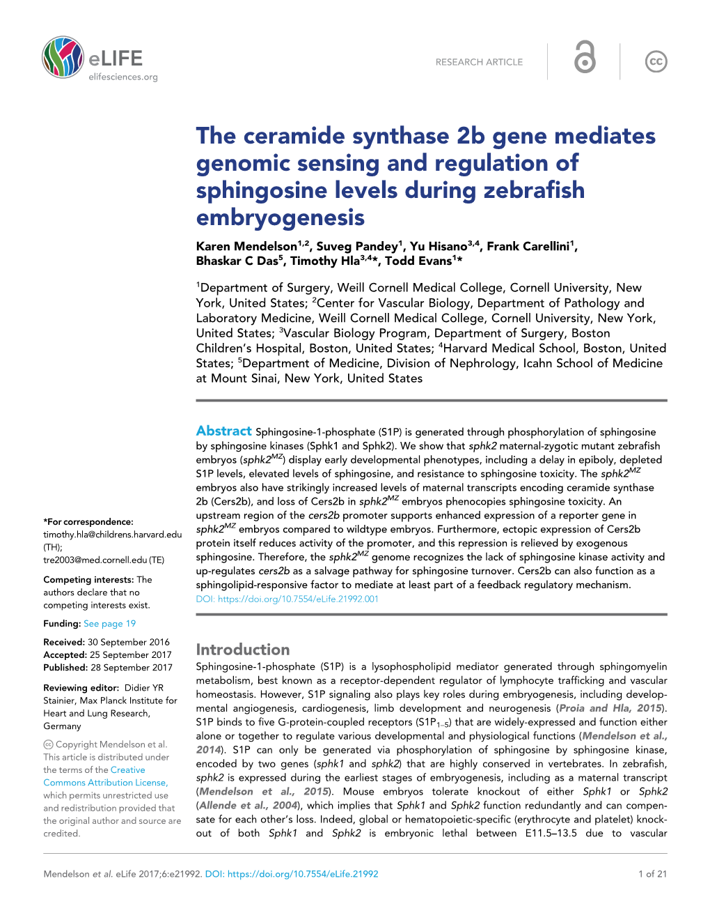The Ceramide Synthase 2B Gene Mediates Genomic Sensing and Regulation of Sphingosine Levels During Zebrafish Embryogenesis