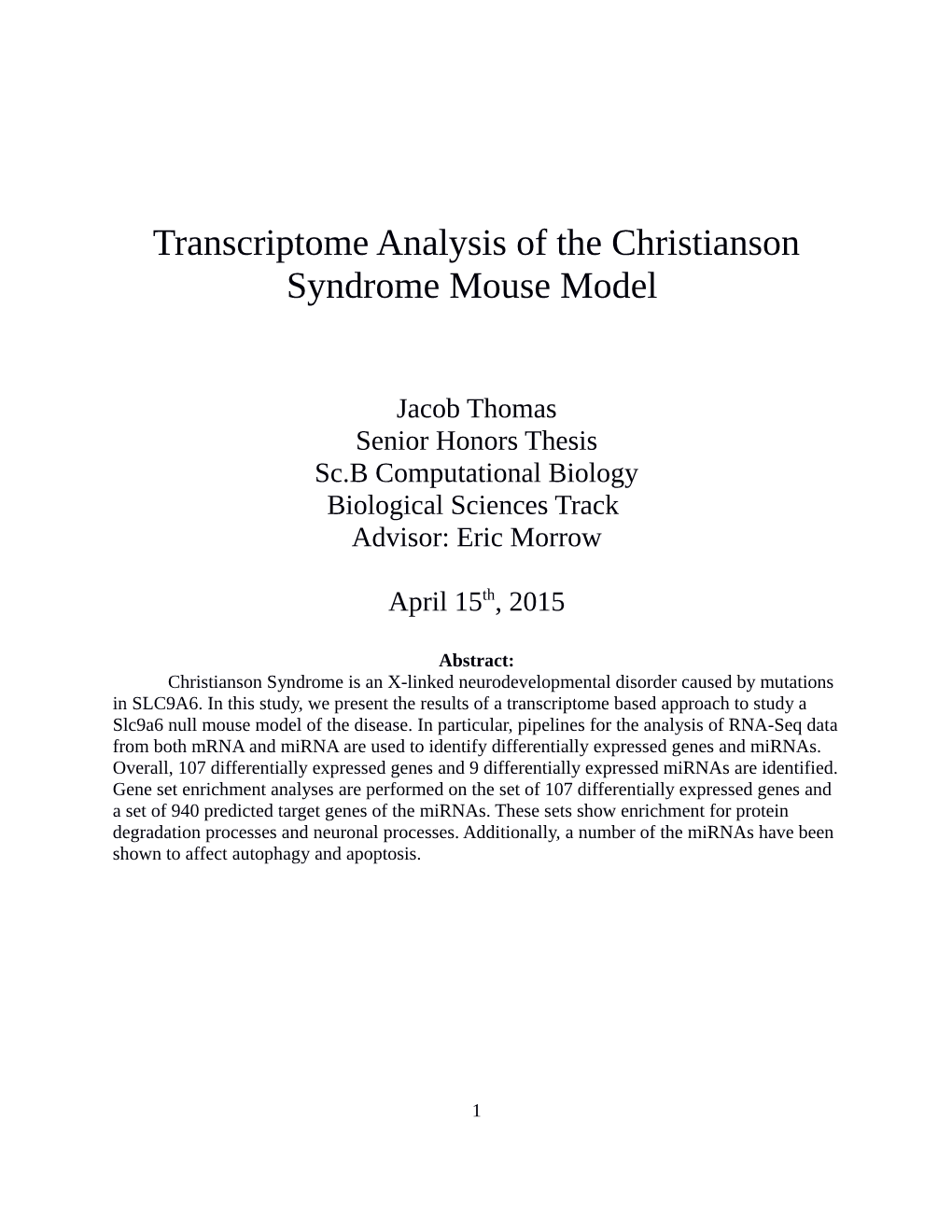 Transcriptome Analysis of the Christianson Syndrome Mouse Model