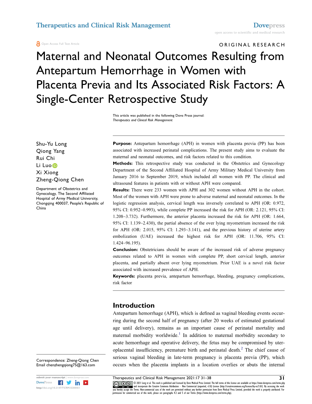 Maternal and Neonatal Outcomes Resulting from Antepartum Hemorrhage in Women with Placenta Previa and Its Associated Risk Factors: a Single-Center Retrospective Study