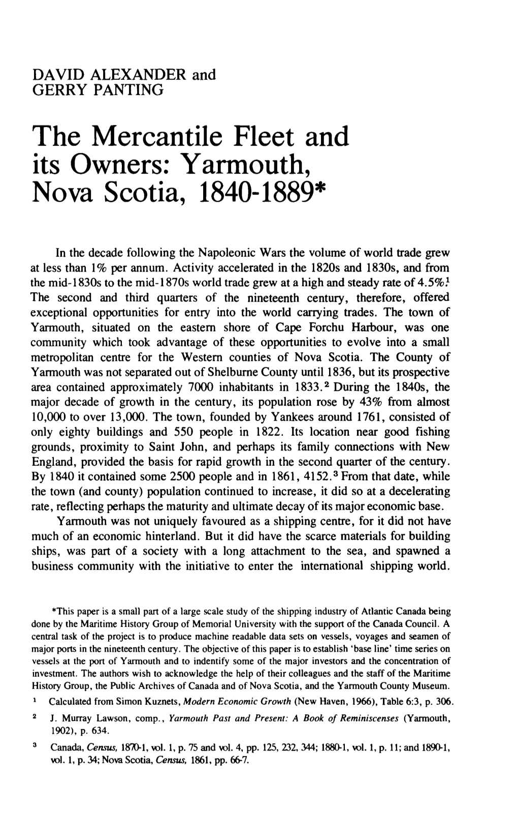 The Mercantile Fleet and Its Owners: Yarmouth, Nova Scotia, 1840-1889*