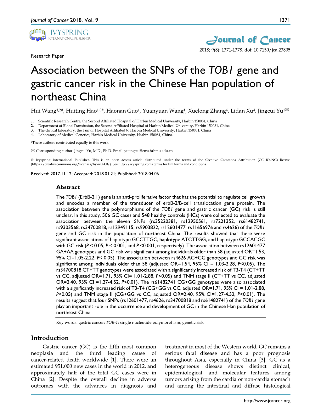 Association Between the Snps of the TOB1 Gene and Gastric Cancer Risk