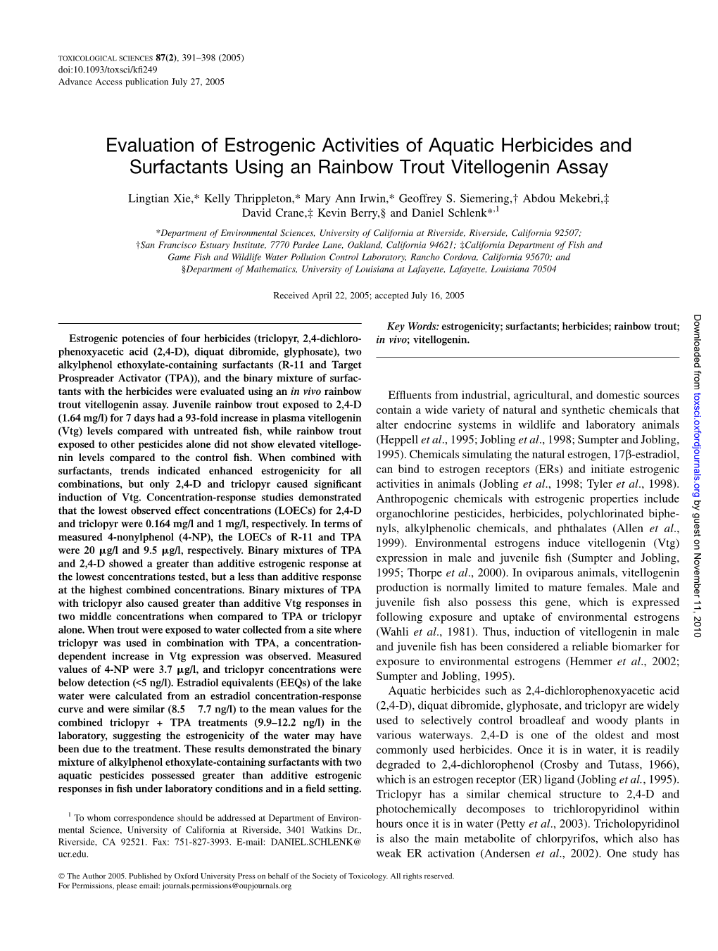 Evaluation of Estrogenic Activities of Aquatic Herbicides and Surfactants Using an Rainbow Trout Vitellogenin Assay