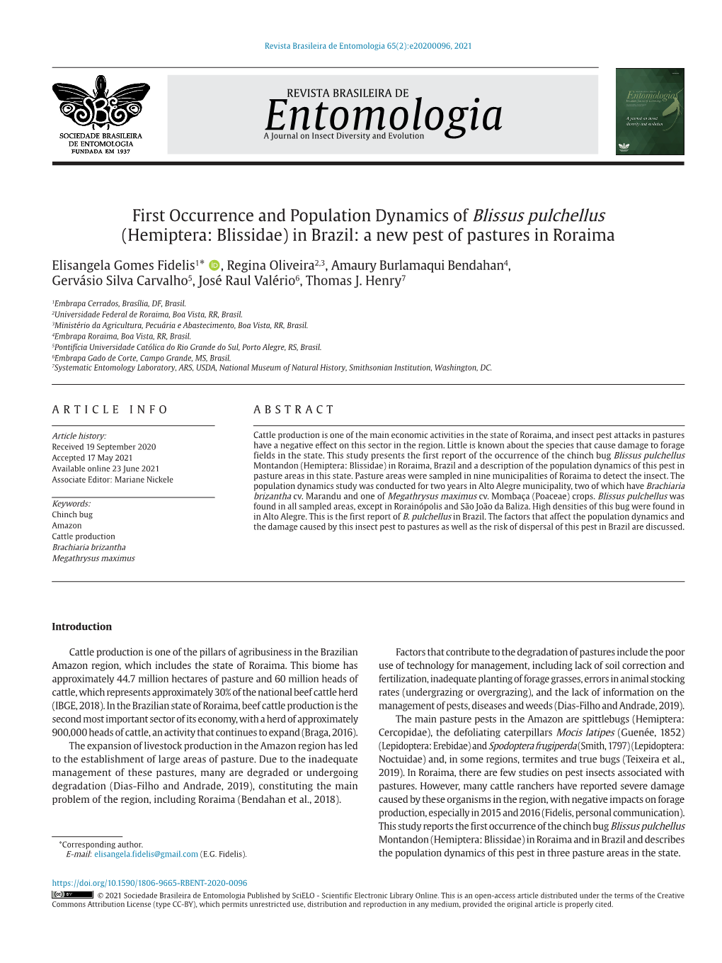 Hemiptera: Blissidae) in Brazil: a New Pest of Pastures in Roraima