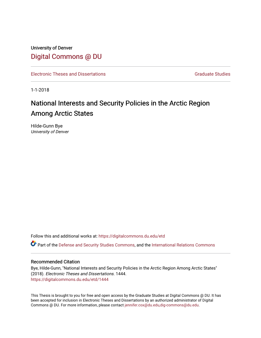 National Interests and Security Policies in the Arctic Region Among Arctic States