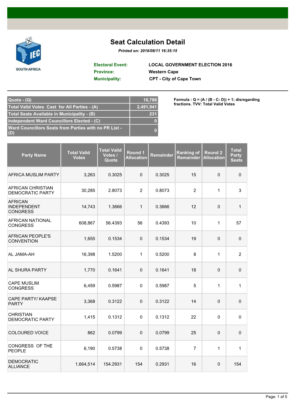 Seat Calculation Detail LC