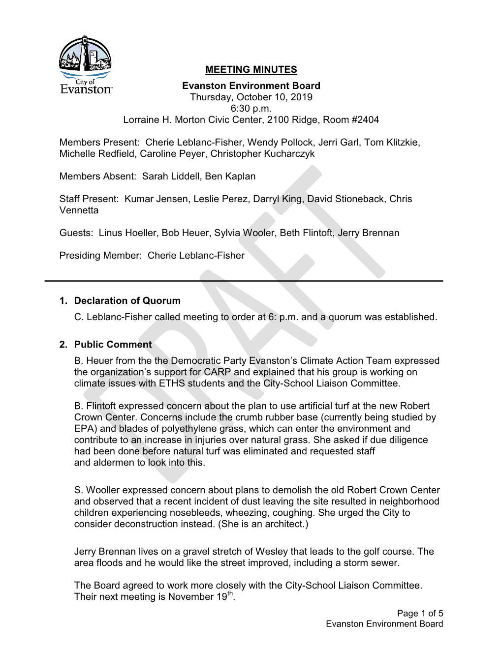 MEETING MINUTES Evanston Environment Board Thursday, October 10, 2019 6:30 P.M