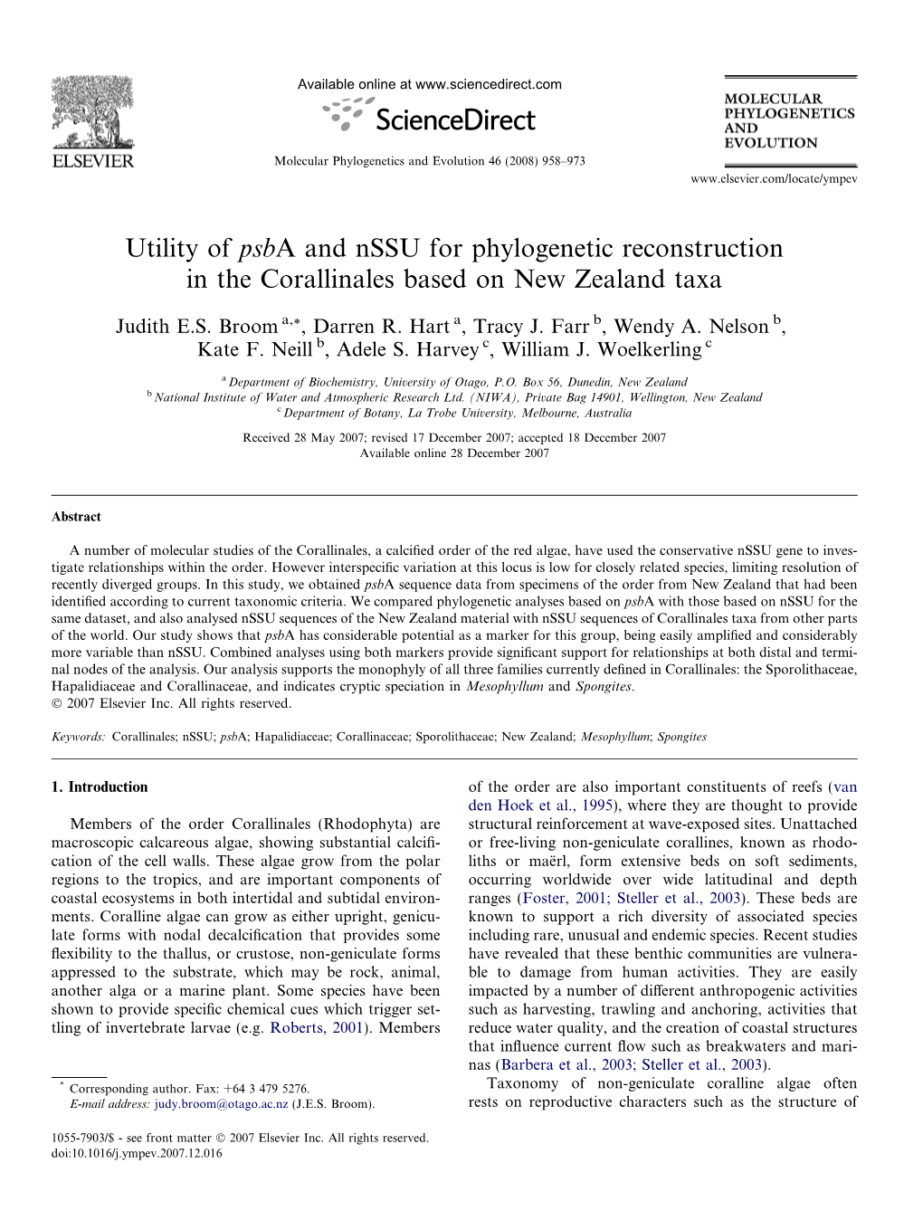 Utility of Psba and Nssu for Phylogenetic Reconstruction in the Corallinales Based on New Zealand Taxa