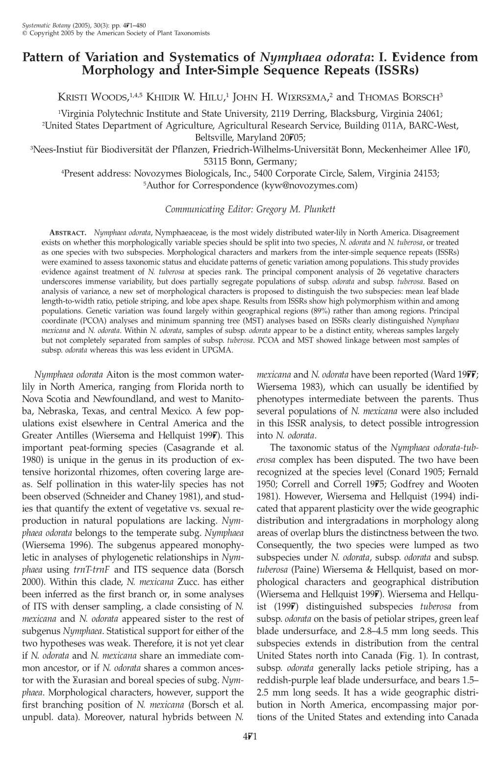 Pattern of Variation and Systematics of Nymphaea Odorata: I