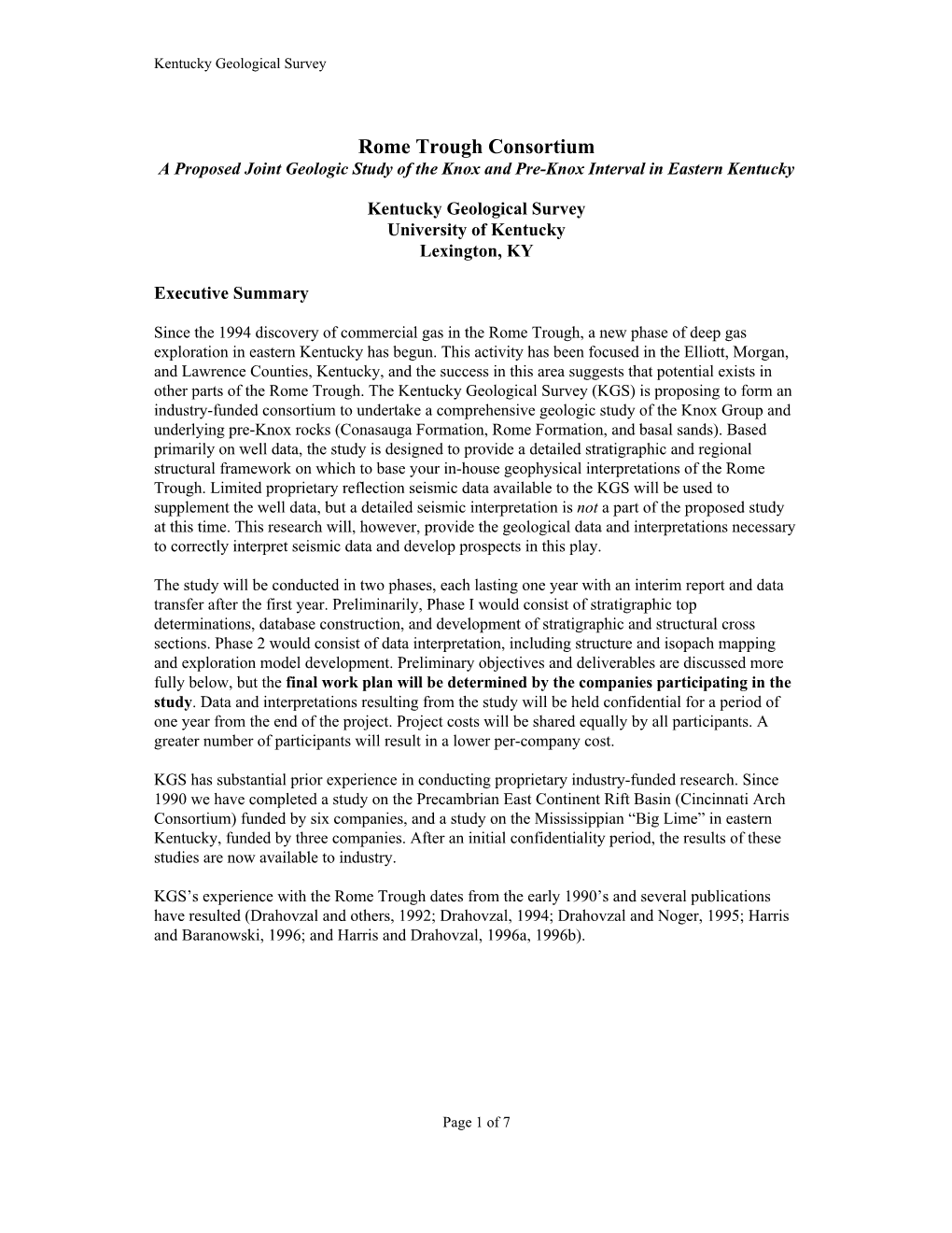 Rome Trough Consortium a Proposed Joint Geologic Study of the Knox and Pre-Knox Interval in Eastern Kentucky