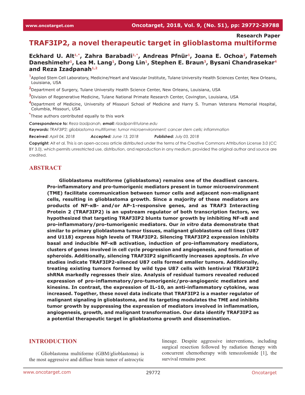 TRAF3IP2, a Novel Therapeutic Target in Glioblastoma Multiforme