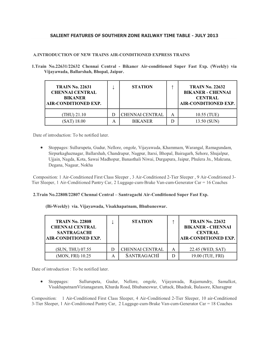 July 2013 A.Introduction of New Trains Air-Conditioned