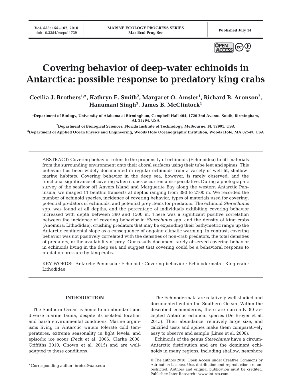 Covering Behavior of Deep-Water Echinoids in Antarctica: Possible Response to Predatory King Crabs