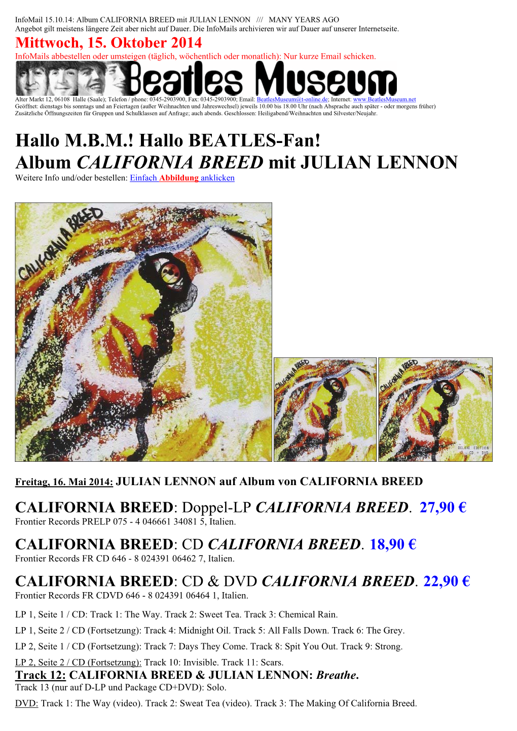 Album CALIFORNIA BREED Mit JULIAN LENNON /// MANY YEARS AGO Angebot Gilt Meistens Längere Zeit Aber Nicht Auf Dauer