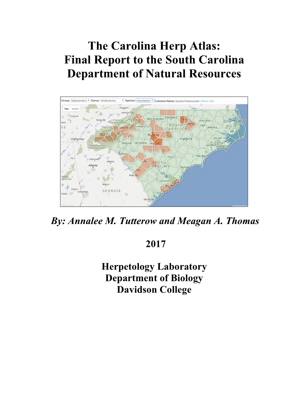 The Carolina Herp Atlas: Final Report to the South Carolina Department of Natural Resources