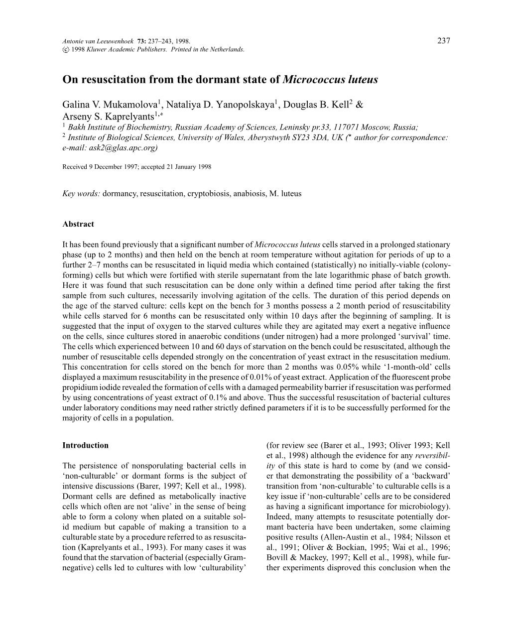 On Resuscitation from the Dormant State of Micrococcus Luteus