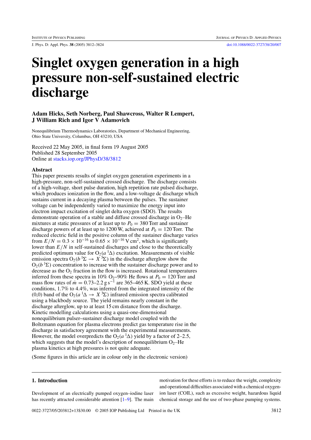 Singlet Oxygen Generation in a High Pressure Non-Self-Sustained Electric Discharge