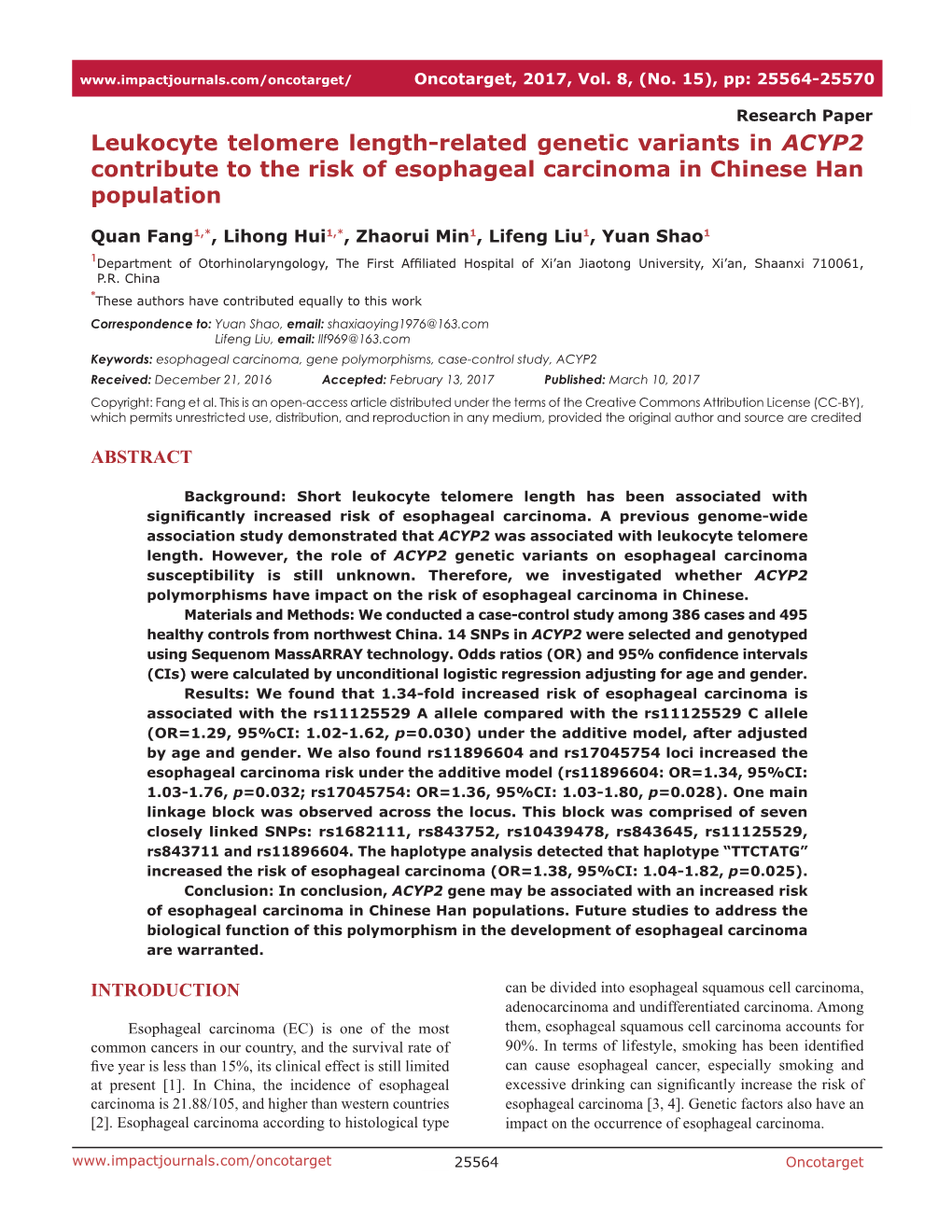 Leukocyte Telomere Length-Related Genetic Variants in ACYP2 Contribute to the Risk of Esophageal Carcinoma in Chinese Han Population