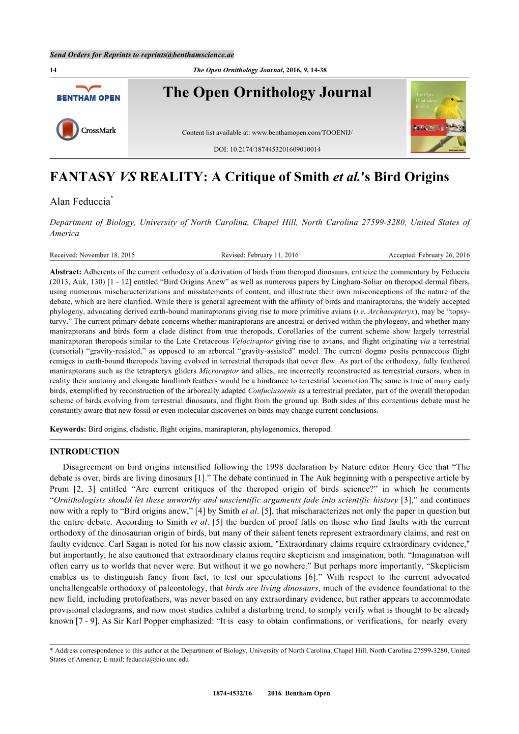 The Open Ornithology Journal, 2016, 9, 14-38 the Open Ornithology Journal