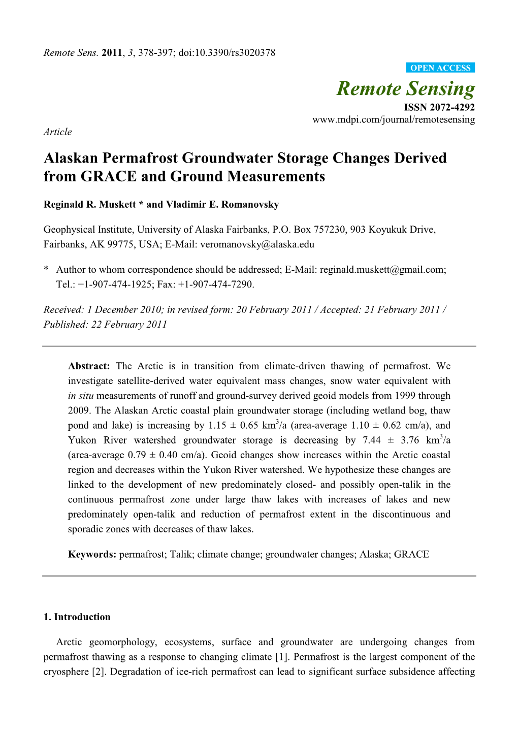 Alaskan Permafrost Groundwater Storage Changes Derived from GRACE and Ground Measurements