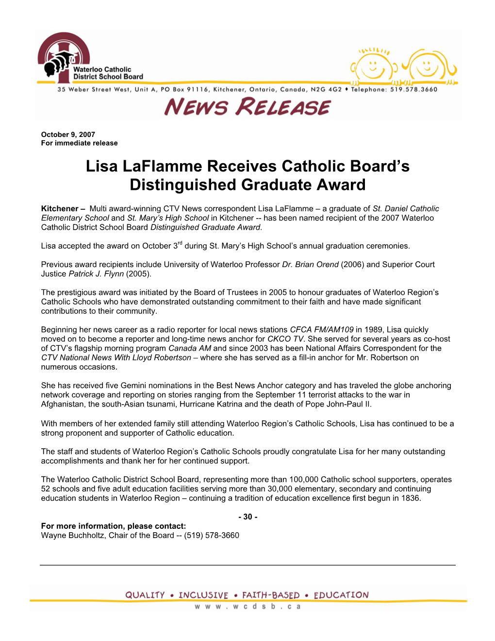 Lisa Laflamme Receives Catholic Board's Distinguished Graduate