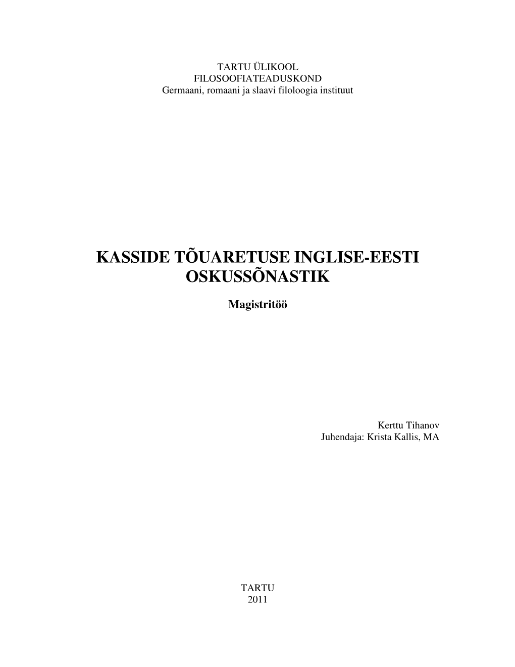 Kasside Tõuaretuse Inglise-Eesti Oskussõnastik