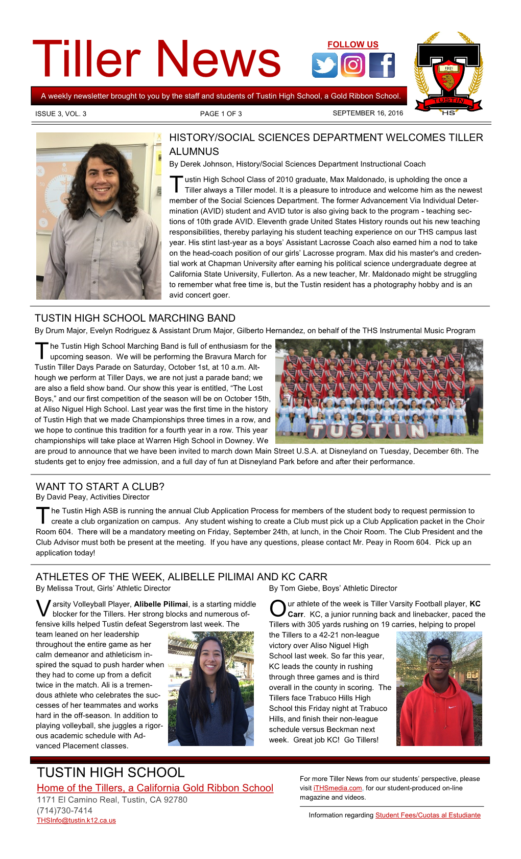 Tiller News FOLLOW US a Weekly Newsletter Brought to You by the Staff and Students of Tustin High School, a Gold Ribbon School