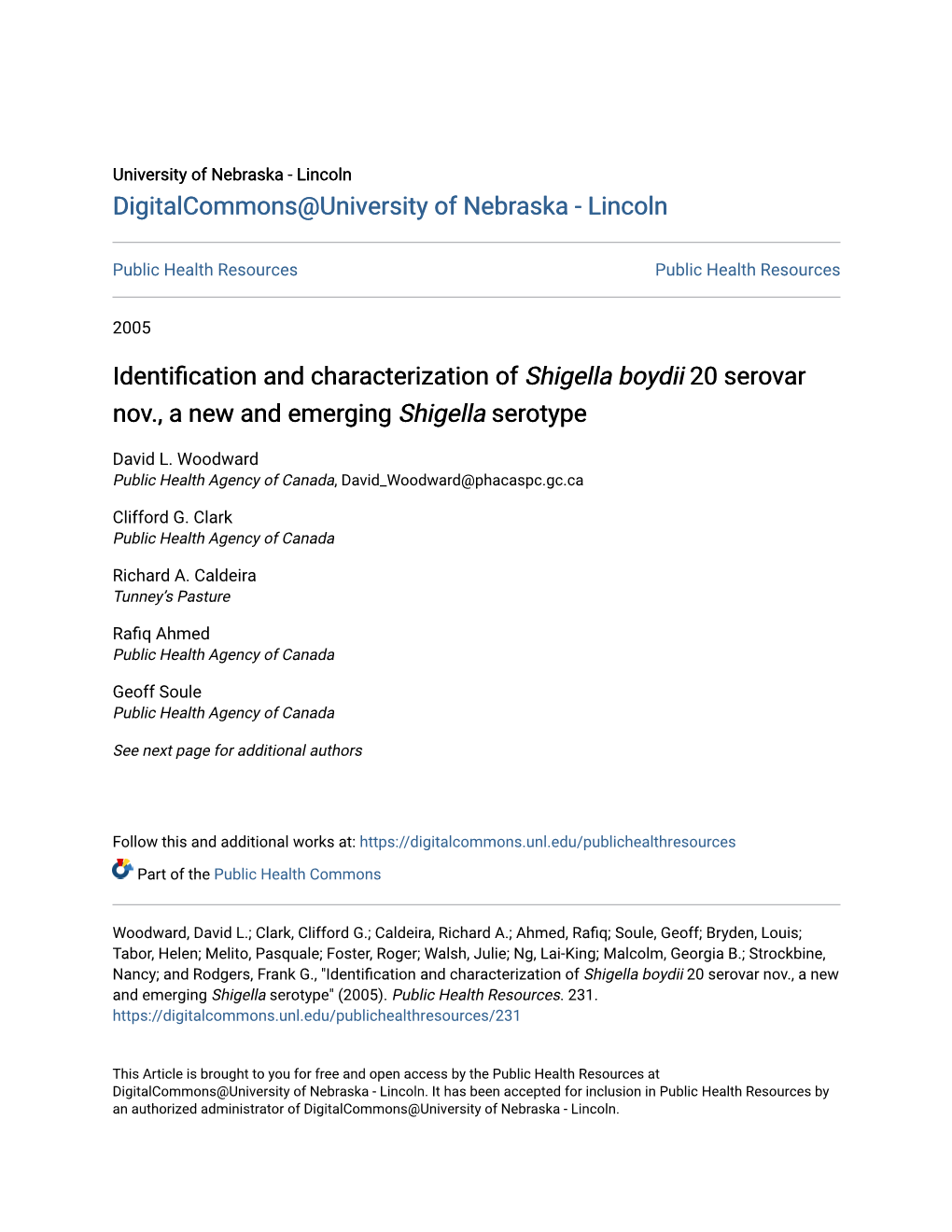 Identification and Characterization of Shigella Boydii 20 Serovar Nov., a New and Emerging Shigella Serotype