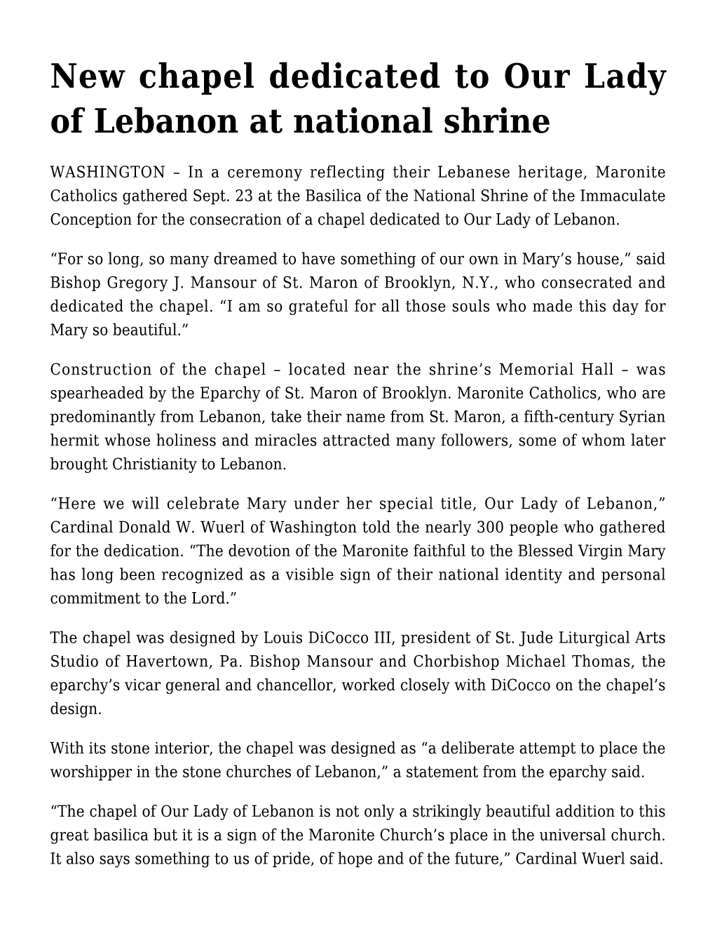 New Chapel Dedicated to Our Lady of Lebanon at National Shrine