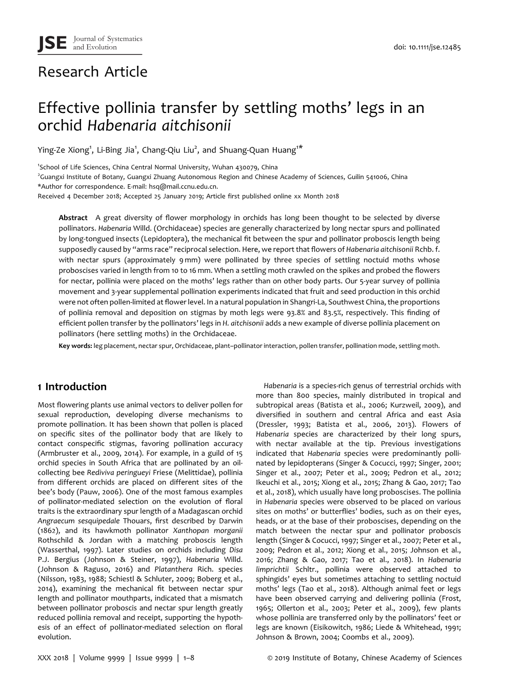 Effective Pollinia Transfer by Settling Moths' Legs in an Orchid Habenaria