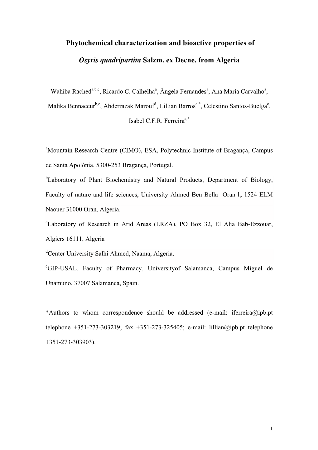 Phytochemical Characterization and Bioactive Properties Of