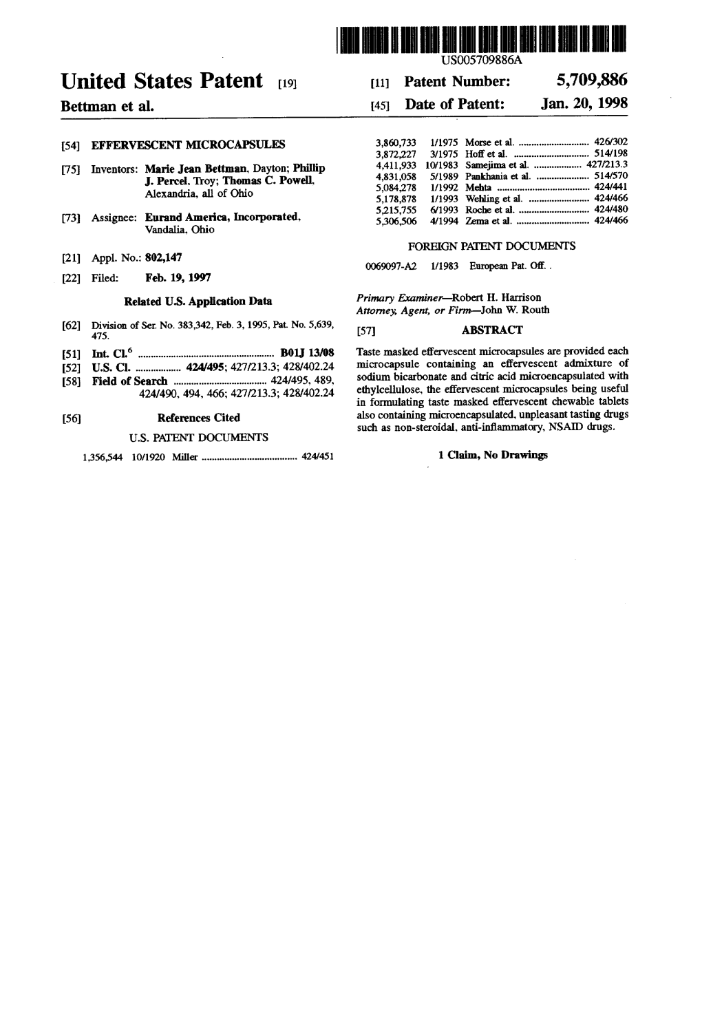 United States Patent (19) 11 Patent Number: 5,709,886