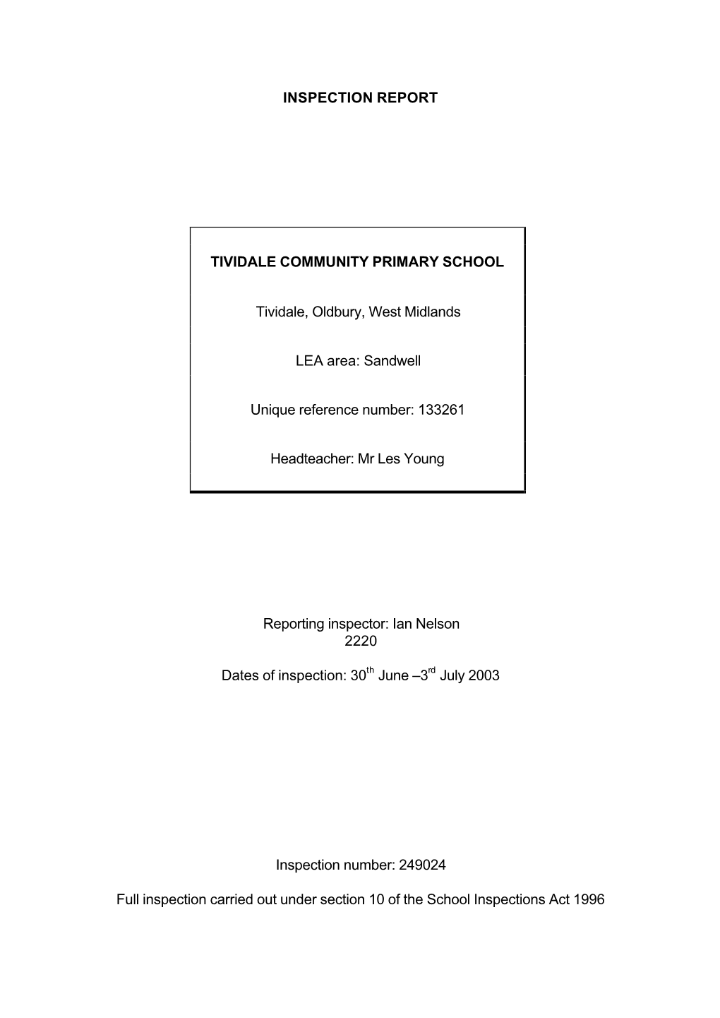 Inspection Report Tividale Community Primary School