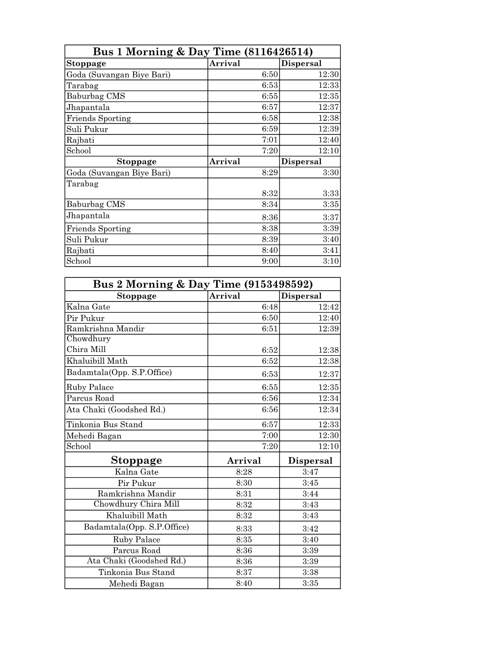 Stoppage Bus 1 Morning & Day Time (8116426514) Bus 2 Morning & Day