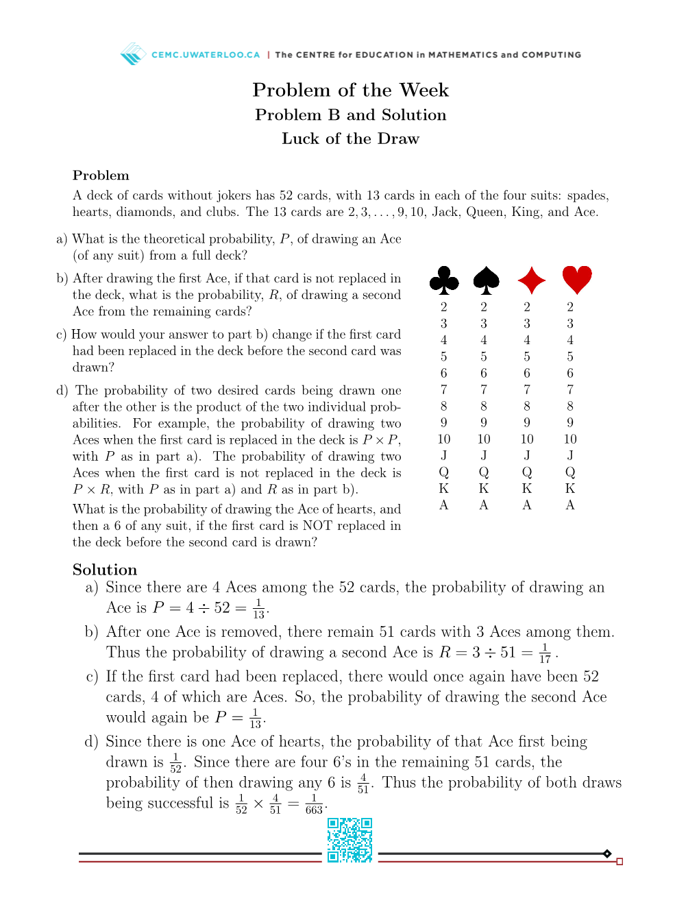 Problem of the Week Problem B and Solution Luck of the Draw