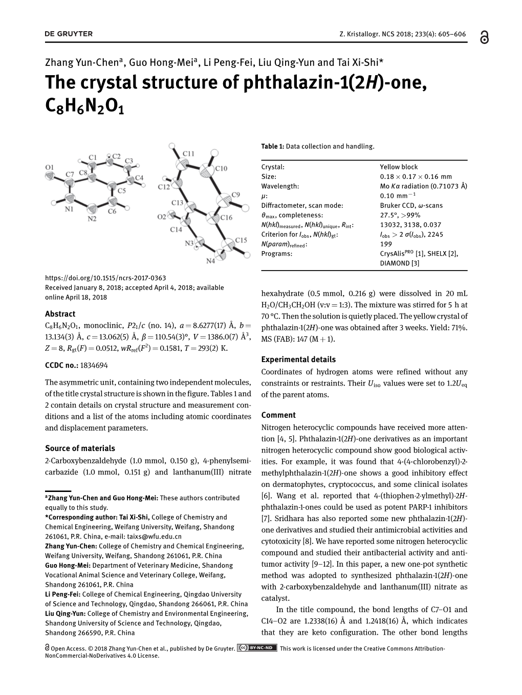 The Crystal Structure of Phthalazin-1 (2H)-One, C8H6N2O1