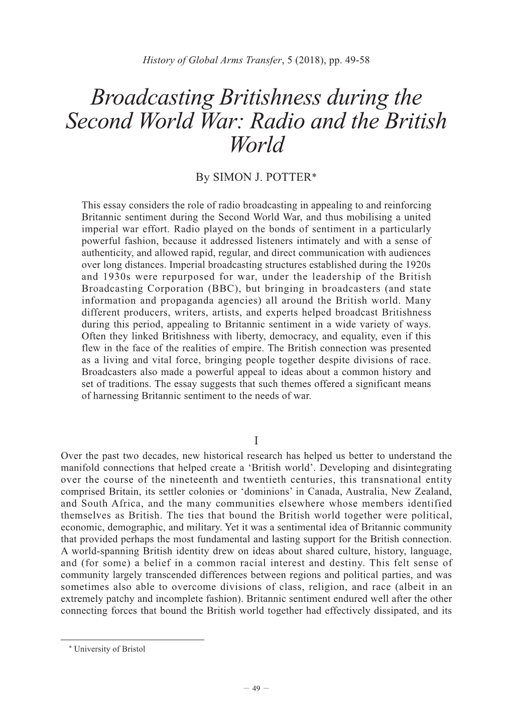 Broadcasting Britishness During the Second World War: Radio and the British World