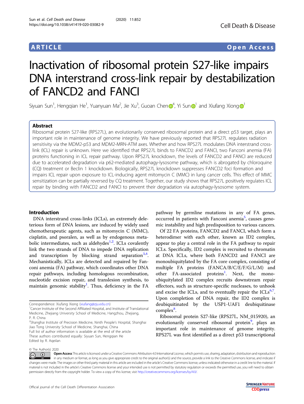 Inactivation of Ribosomal Protein S27-Like Impairs DNA Interstrand