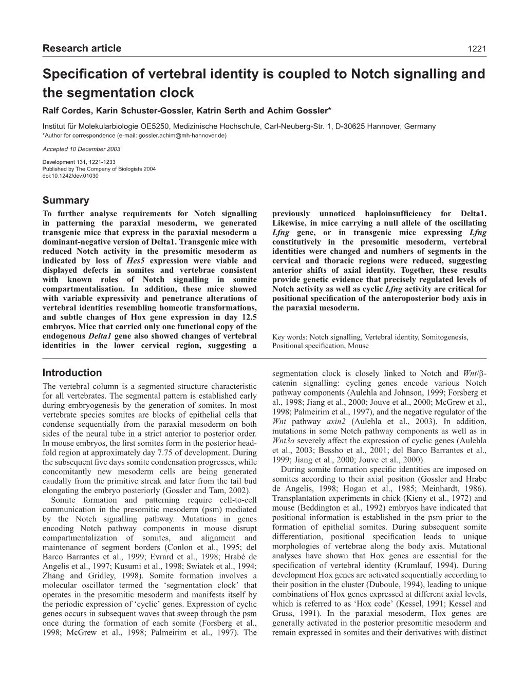 Specification of Vertebral Identity Is Coupled to Notch Signalling and the Segmentation Clock