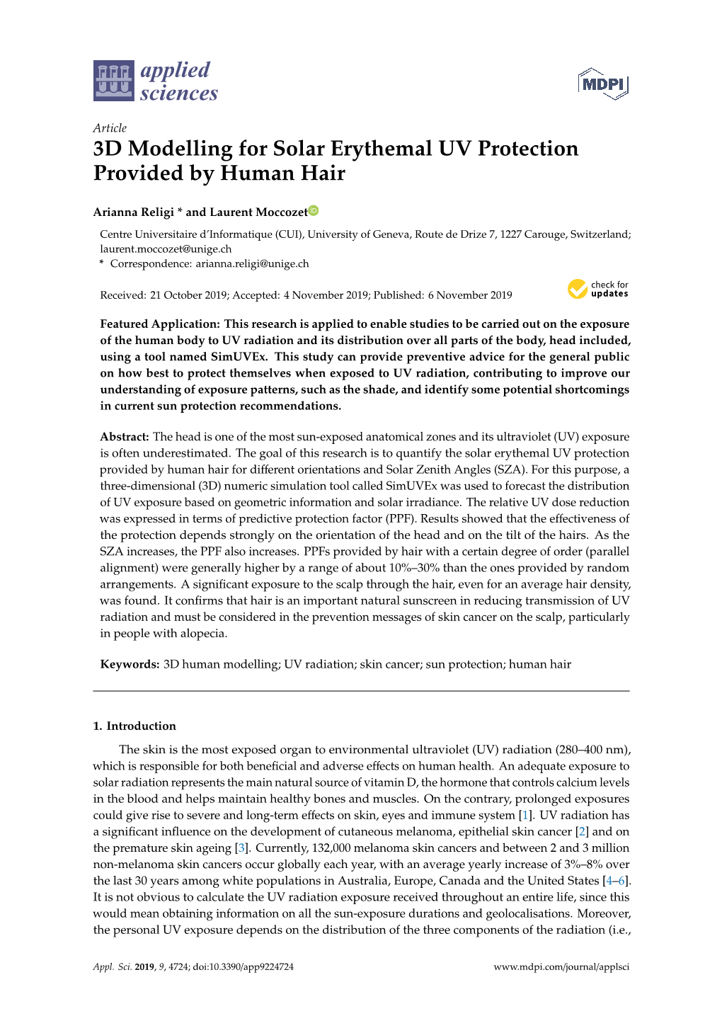 3D Modelling for Solar Erythemal UV Protection Provided by Human Hair