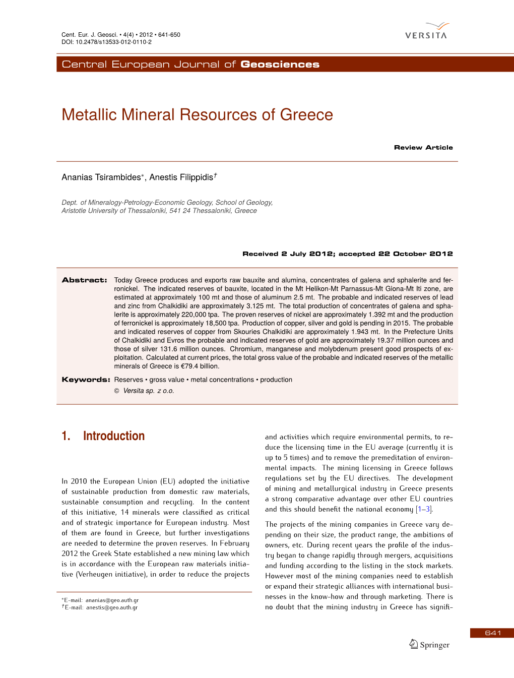 Metallic Mineral Resources of Greece