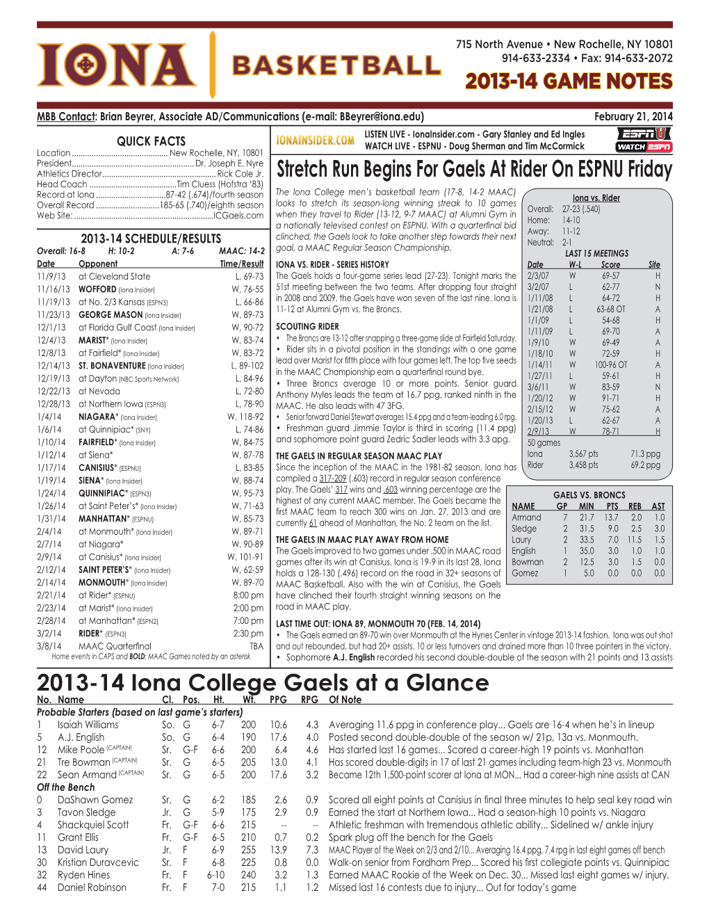 2013-14 Iona College Gaels at a Glance Stretch Run Begins For