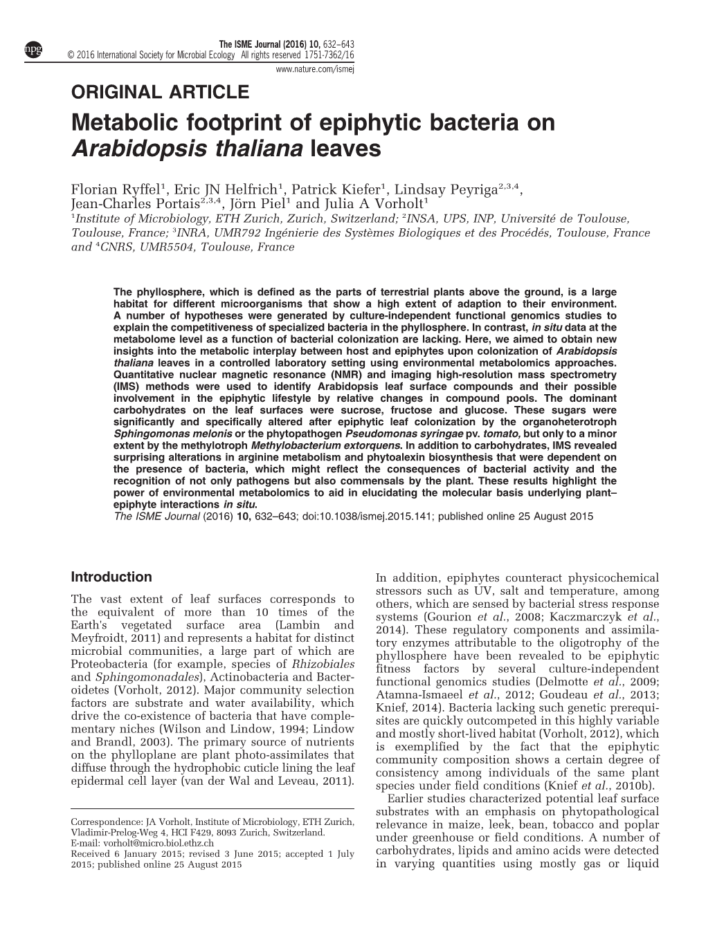 Metabolic Footprint of Epiphytic Bacteria on Arabidopsis Thaliana Leaves