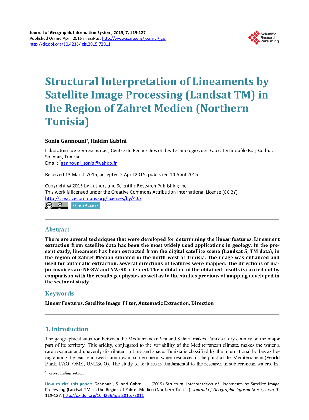 Landsat TM) in the Region of Zahret Medien (Northern Tunisia)